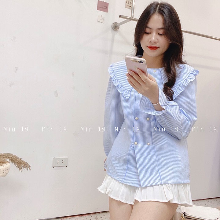 Sơ Mi Cổ Bèo MIN19 Áo Kiểu Nữ Hàn Quốc Tay Phồng Bánh Bèo Tiểu Thư Form Rộng Kẻ Tăm Cúc Ngọc Màu Xanh Thời Trang