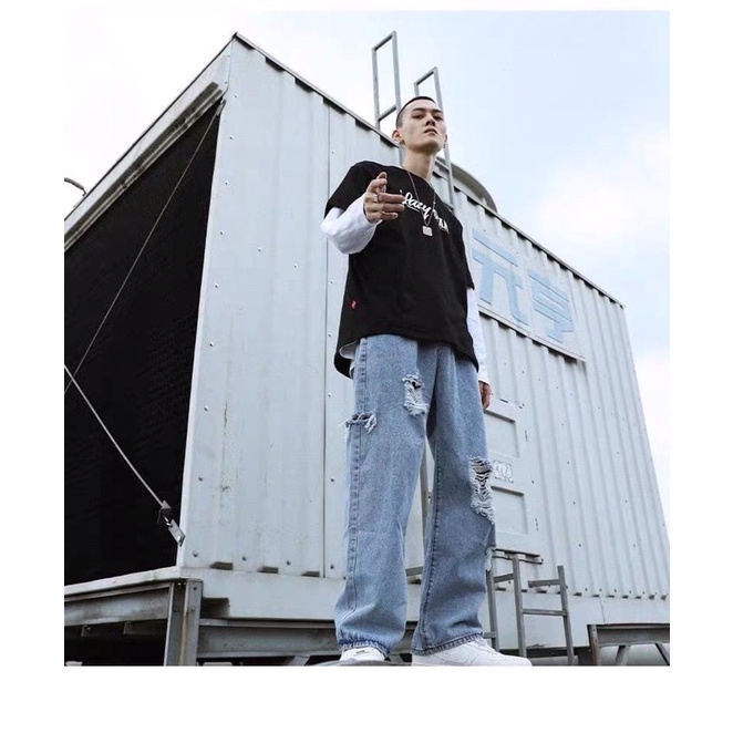 Quần bò jeans ống rộng rách cách điệu tua rua mài oversize hiphop Ulzzang siêu chất ❤️