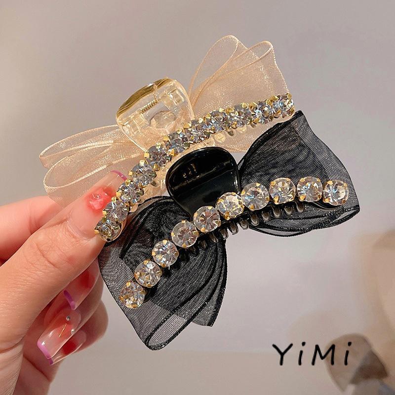 Kẹp Tóc Nơ Đính Đá Kim Cương Giả Hai Mặt Vải Lưới Kích Thước Nhỏ Cài Tóc Đuôi Ngựa Mùa Hè