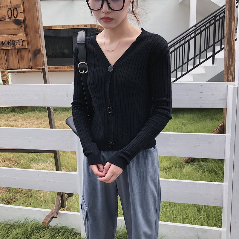 Áo len gân FUHO Fashion áo len basic cổ V dài tay khuy cài dày dặn 031