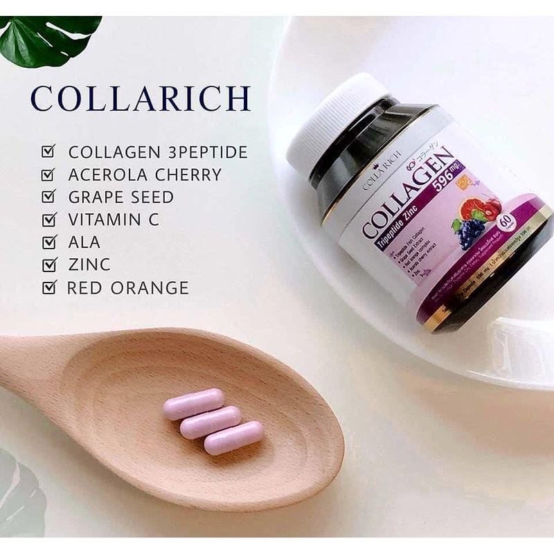 Hộp 60 viên uống trẻ hóa trắng da mờ sẹo giảm thâm nám COLLA RICH COLLAGEN Tripeptide Zinc 596mg Thailand