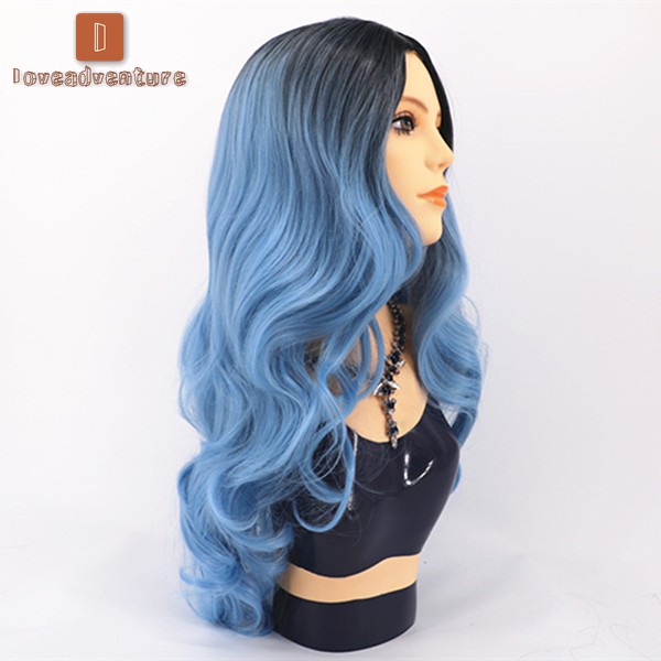 LV△ Women Gradient Blue Long Curly Wig Synthetic Curly Wavy Hair Heat Resistant Wig