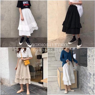 Sale - CHÂN VÁY XÒE XẾP BÈO 2 TẦNG - CHÂN VÁY DÁNG DÀI TẦNG VẠT BÈO 3 MÀU ULZZANG