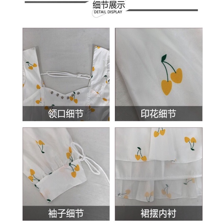 Đầm nữ trắng họa tiết cherry vàng cúp ngực công chúa siêu xinh - cece house