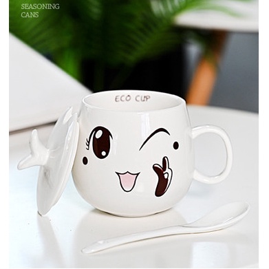 Cốc siêu dễ thương kèm thìa sứ và nắp đậy