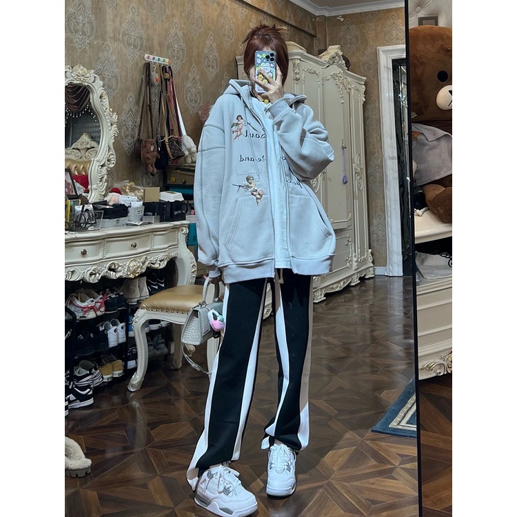 Quần Dài Lưng Cao Hoạ Tiết Kẻ Sọc Thiết Kế Dáng Rộng Thoải Mái