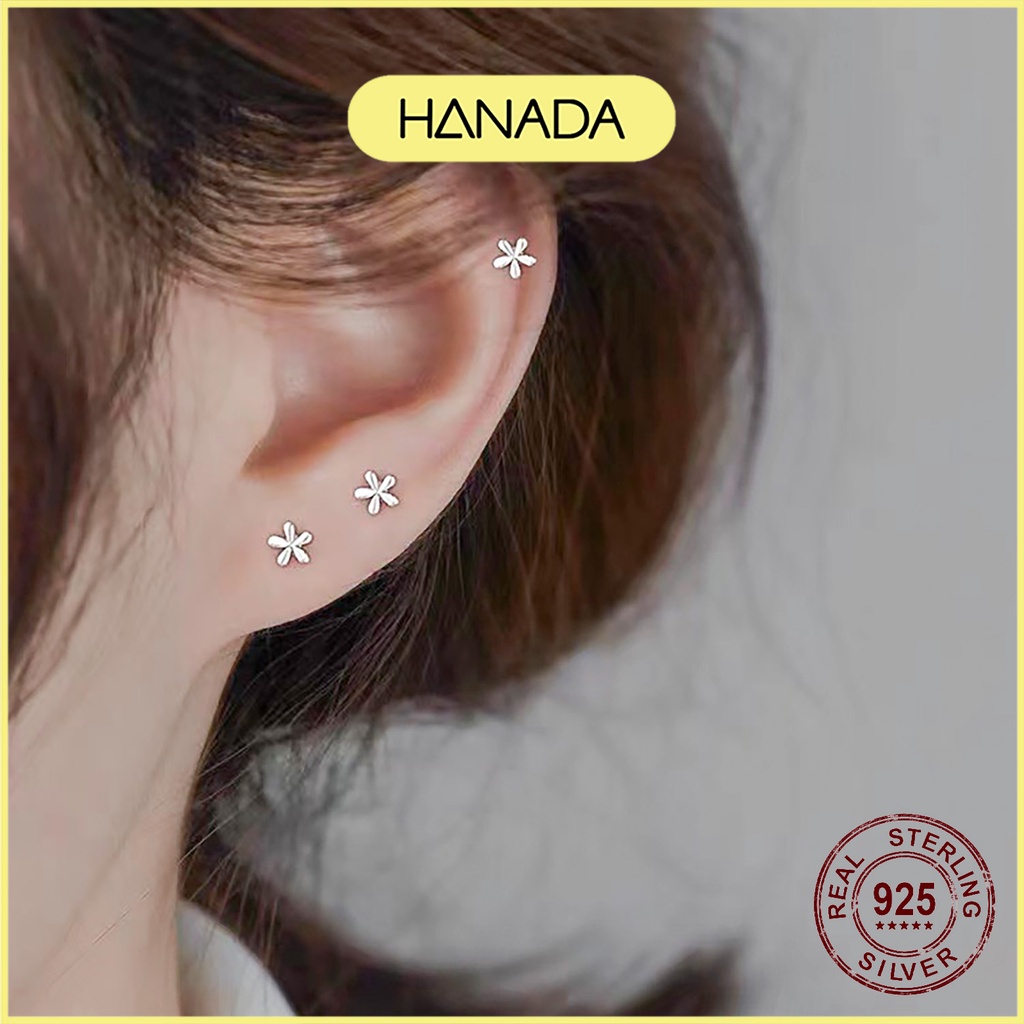 Bông Tai Bạc 925 Hanada Bông Nụ Hoa Nhí Không Đá Đơn Giản Set Bông Tai Mini Đeo Vành Tai
