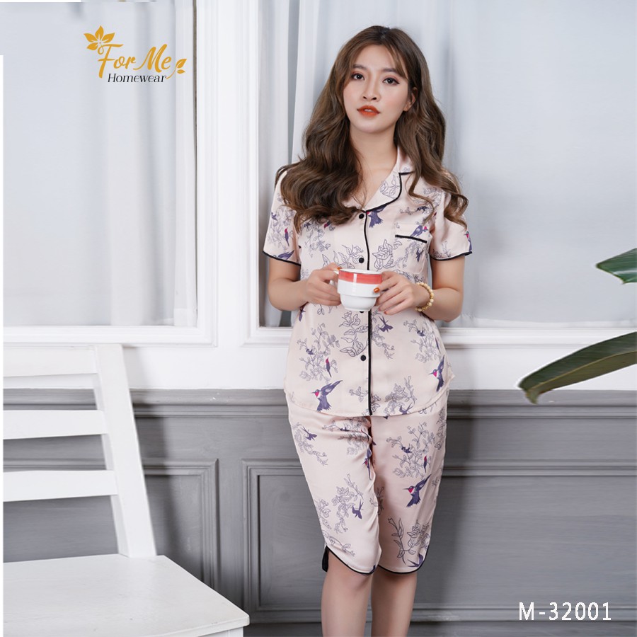 Bộ đồ ngủ, mặc nhà chất Lụa Giấy Luxury QUẦN LỬNG HOA CHIM 32 ,forme pijama