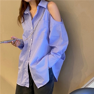 Áo sơ mi tay dài hở vai chống nắng họa tiết kẻ sọc thời trang