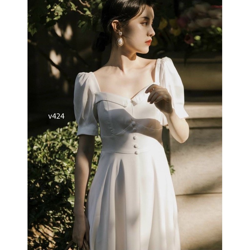 Đầm maxi trắng cổ v - váy chụp ảnh cưới