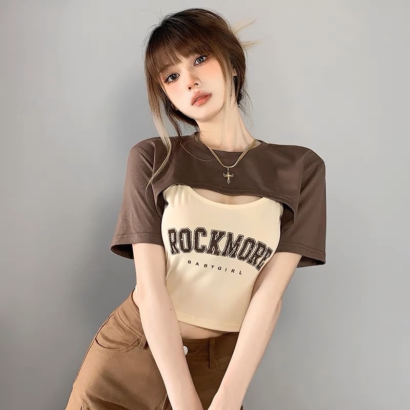 sét áo croptop khoét ngực cá tính in chữ cực đẹp roc1 chất thun gân