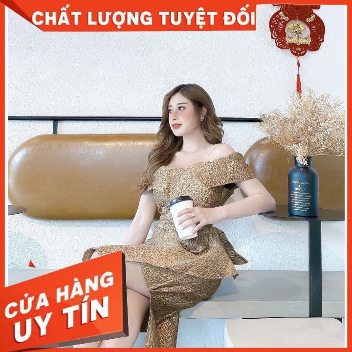 Đầm dạ hội Đầm Bẹt Vai [CoCo Shop] Đầm Hoa Nổi Bẹt Vai - Thời Trang Thiết Kế