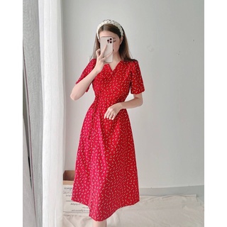 ĐẦM HOA ĐỎ NHÍ  ĐẮP CHÉO THẮT EO