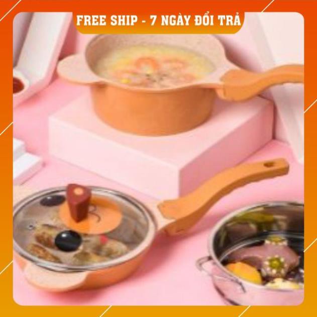 [ freeship - đổi trả lỗi trong 7 ngày ] Bộ nồi chảo nấu bột, nấu cháo cho bé đáy từ mặt gấu