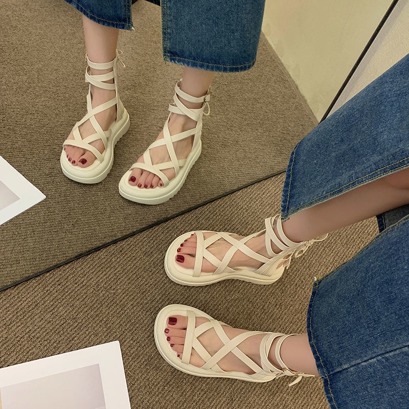 Sandal Đế Dày Thiết Kế Dây Đan Chéo Phong Cách La Mã Thời Trang Mới Cho Nữ