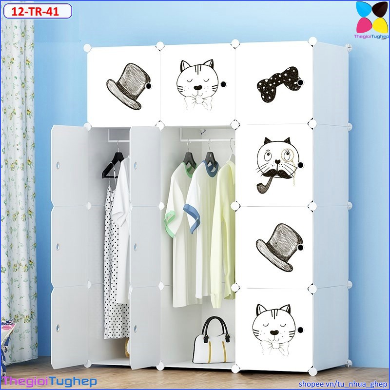 Tủ nhựa lắp ghép 12 ô đa năng ô size to, sâu 47cm, cửa hình mèo đeo kính chọn màu đen trắng theo phân loại