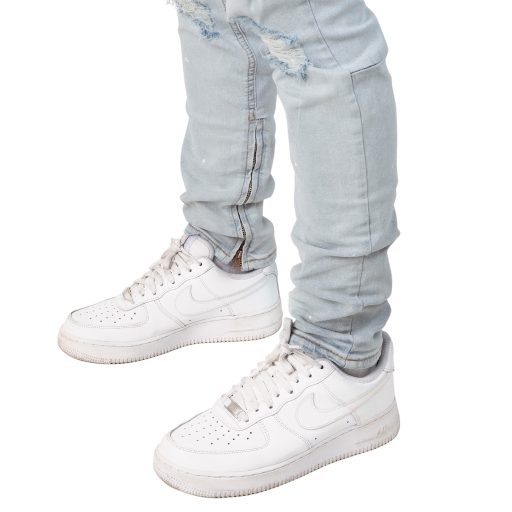 Quần jean nam streetwear cao cấp FNOS Z26 màu xanh rách gối form slimfit có zip jean co giãn