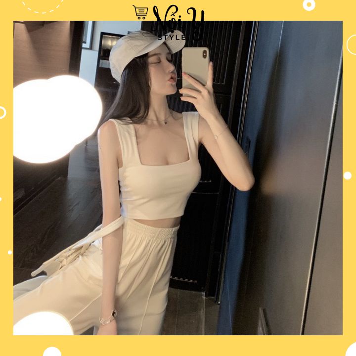 Áo 2 Dây Bản To Cổ Vuông Màu Trơn Cho Nữ Dáng Ôm Phong Cách Hàn Siêu Hot