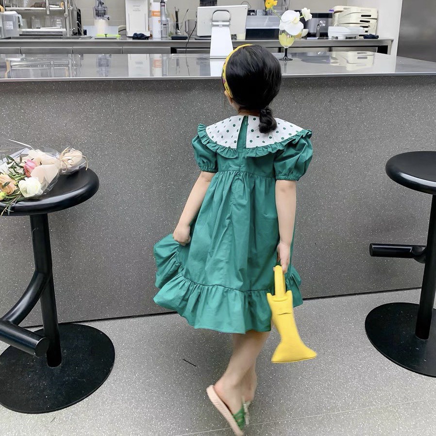 Váy Bé Gái-❤V0035❤Đầm cho bé chất liệu thô giấy lạnh cao cấp. váy công chúa màu xanh cổ chấm bi