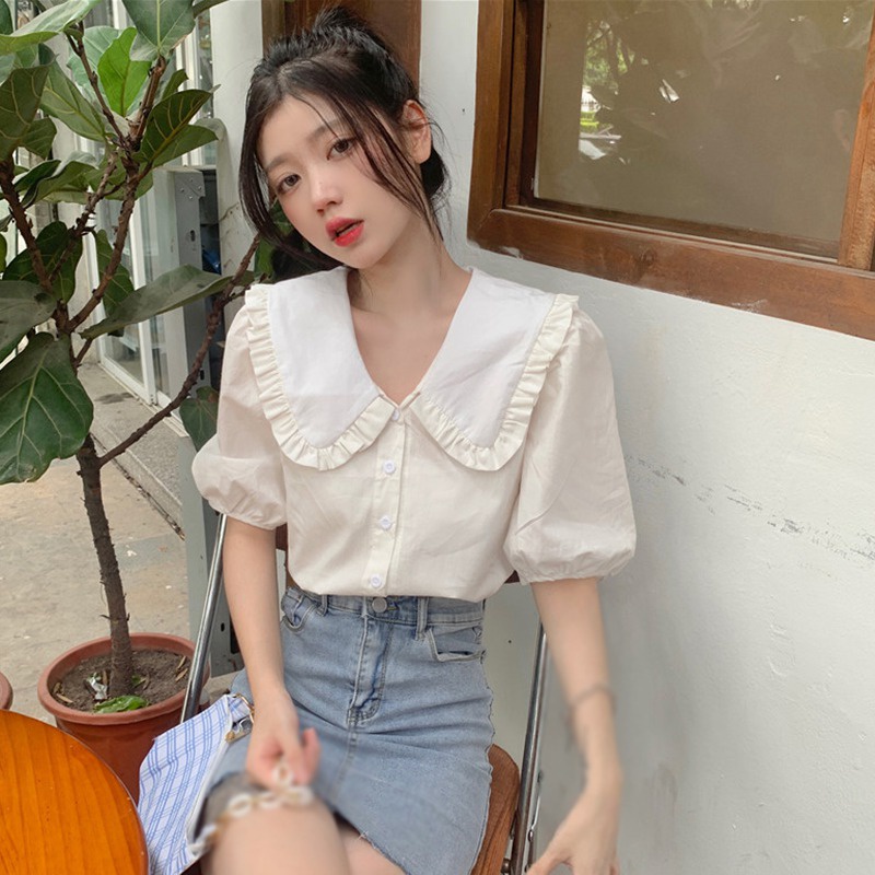 Áo Sơ Mi Tay Ngắn Cổ Búp Bê Đính Nút Thời Trang Cho Nữ
