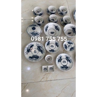 (22 món) Bộ bát đĩa Hoa Sen Men Rạn Giả Cổ gốm sứ Bát Tràng ( Hàng Loại 1 )