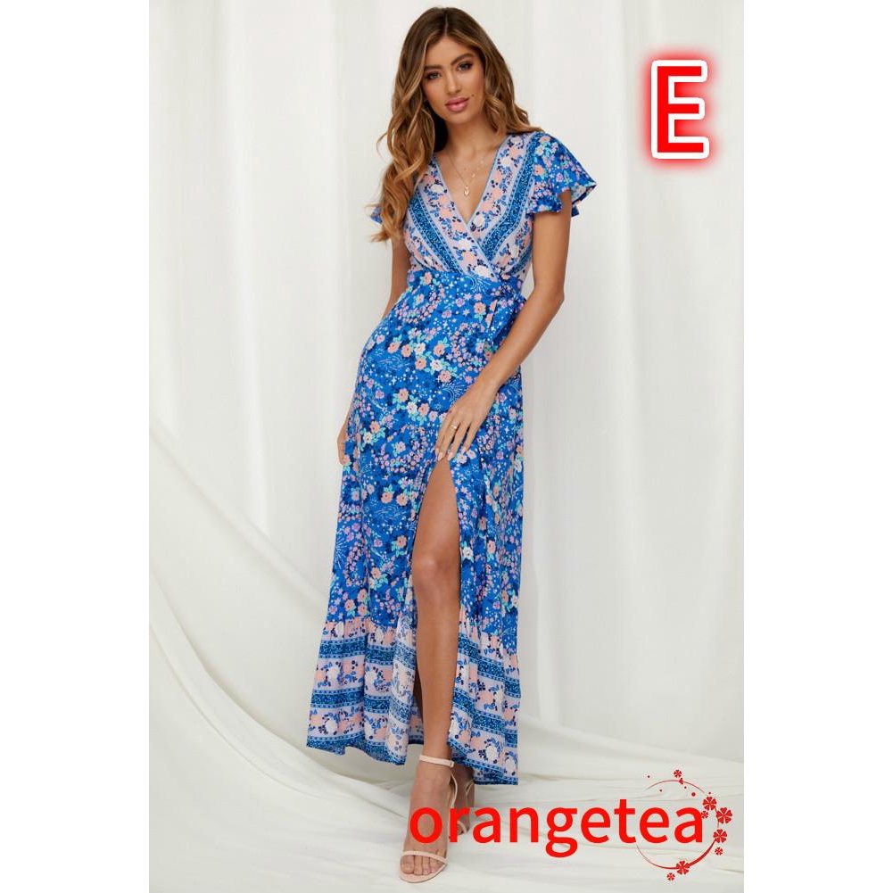 Đầm đi biển cổ chữ V in hoa thời trang