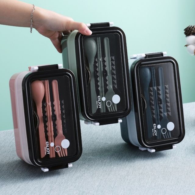 Hộp đựng cơm văn phòng giữ nhiệt 2 tầng lõi inox 304 chống rò rỉ và có kèm bộ thìa đũa