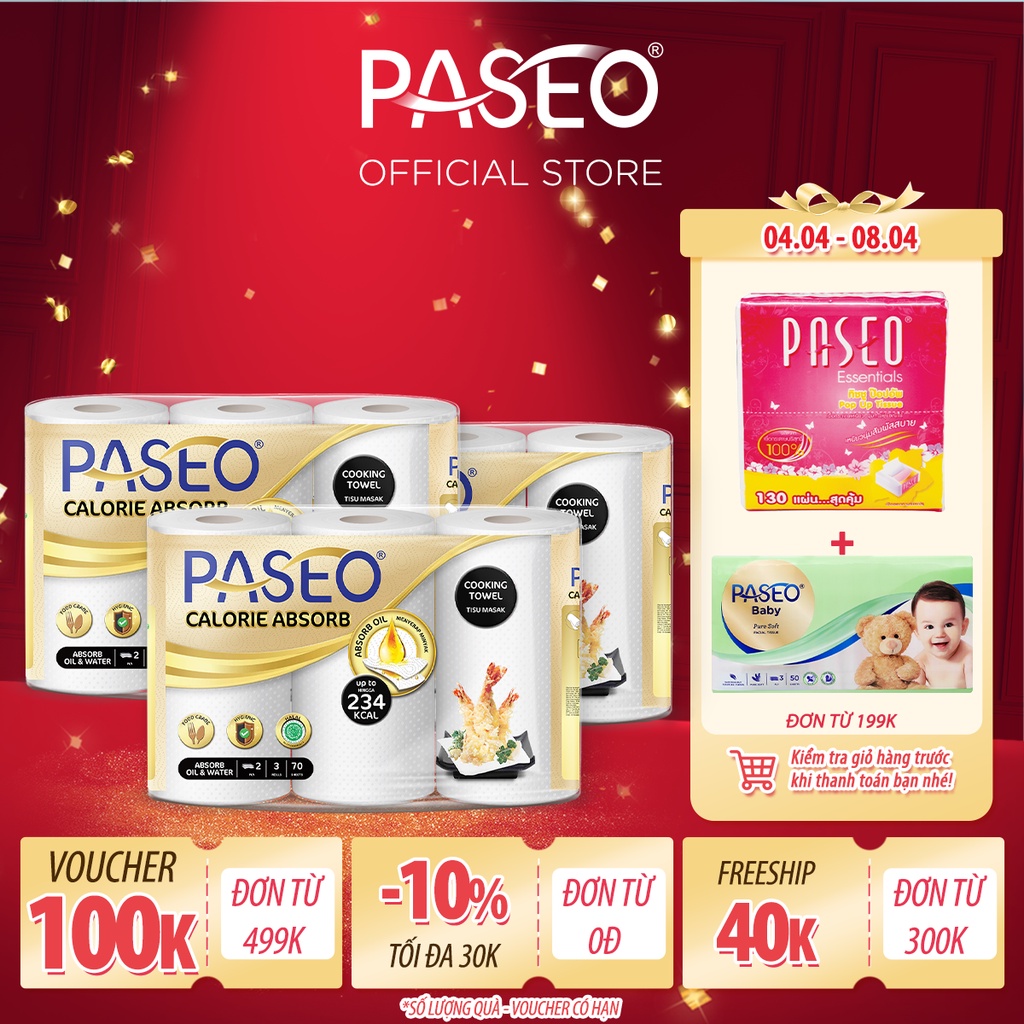 [THEO DÕI GIAN HÀNG-TẶNG VOUCHER 15K] Combo 3 lốc Giấy bếp đa năng Paseo Calorie Absorb 3 cuộn 2 lớp