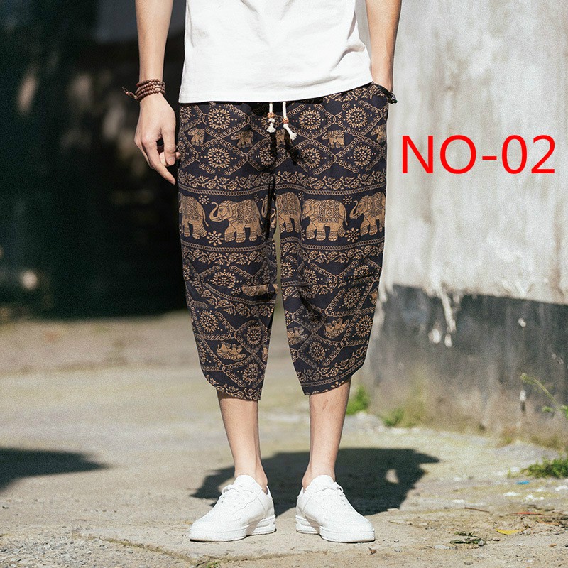 Men's Japanese Retro National Style Printed Casual Capris Men's Loose Casual Pants