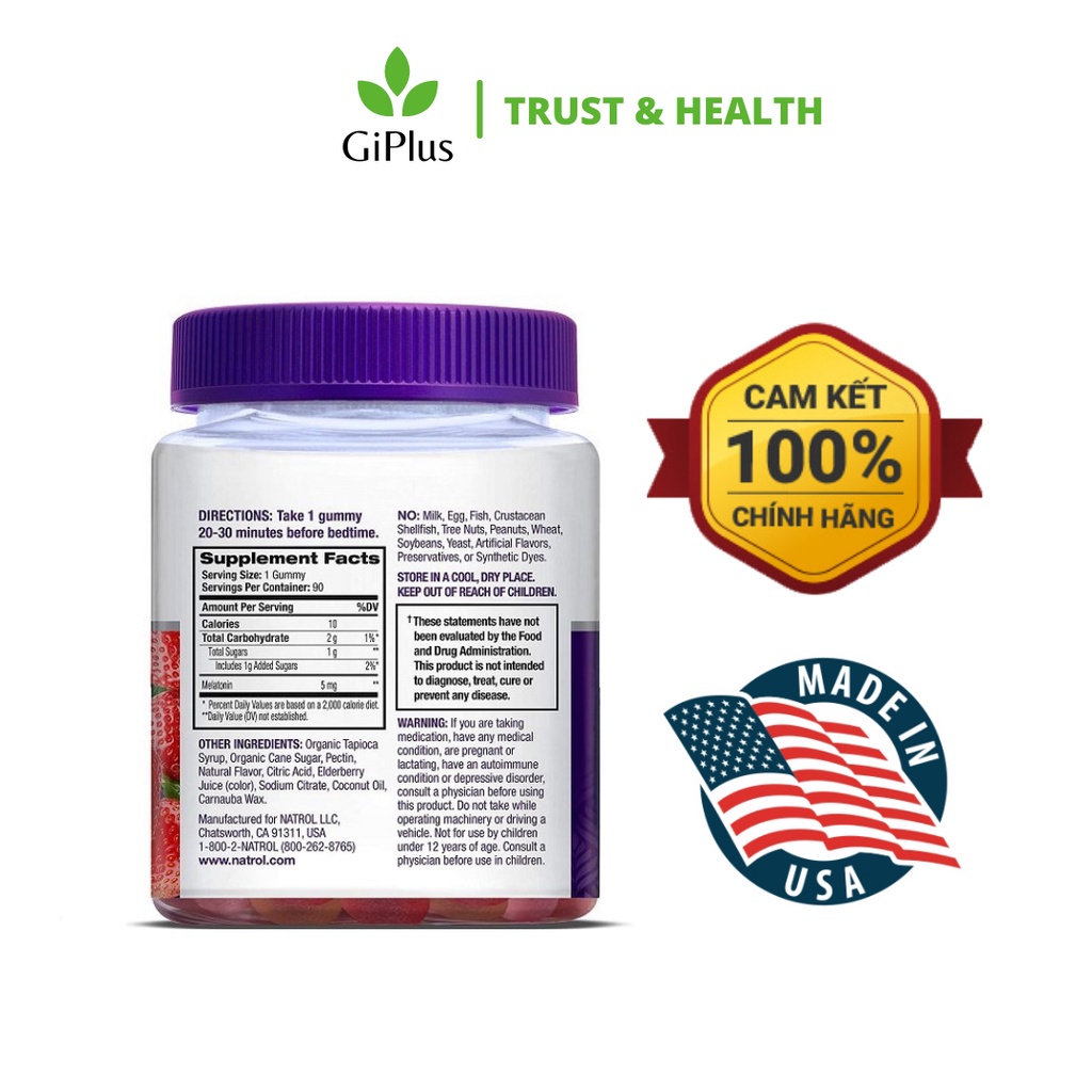 Kẹo Dẻo Hỗ Trợ Ngủ Ngon Natrol Gummies Melatonin 10mg Strawberry (90 viên/Lọ)