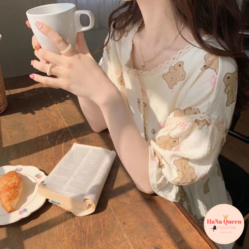 Bộ đồ cộc đùi hoạ tiết gấu phối ren chất muslin cao cấp cực đẹp