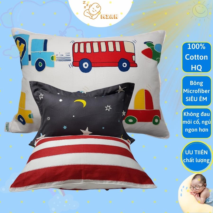 Gối Cho Bé Mian Gối Trẻ Em Bông Microfiber Êm Nhất Không Đau Mỏi Cổ Vải 100% Cotton