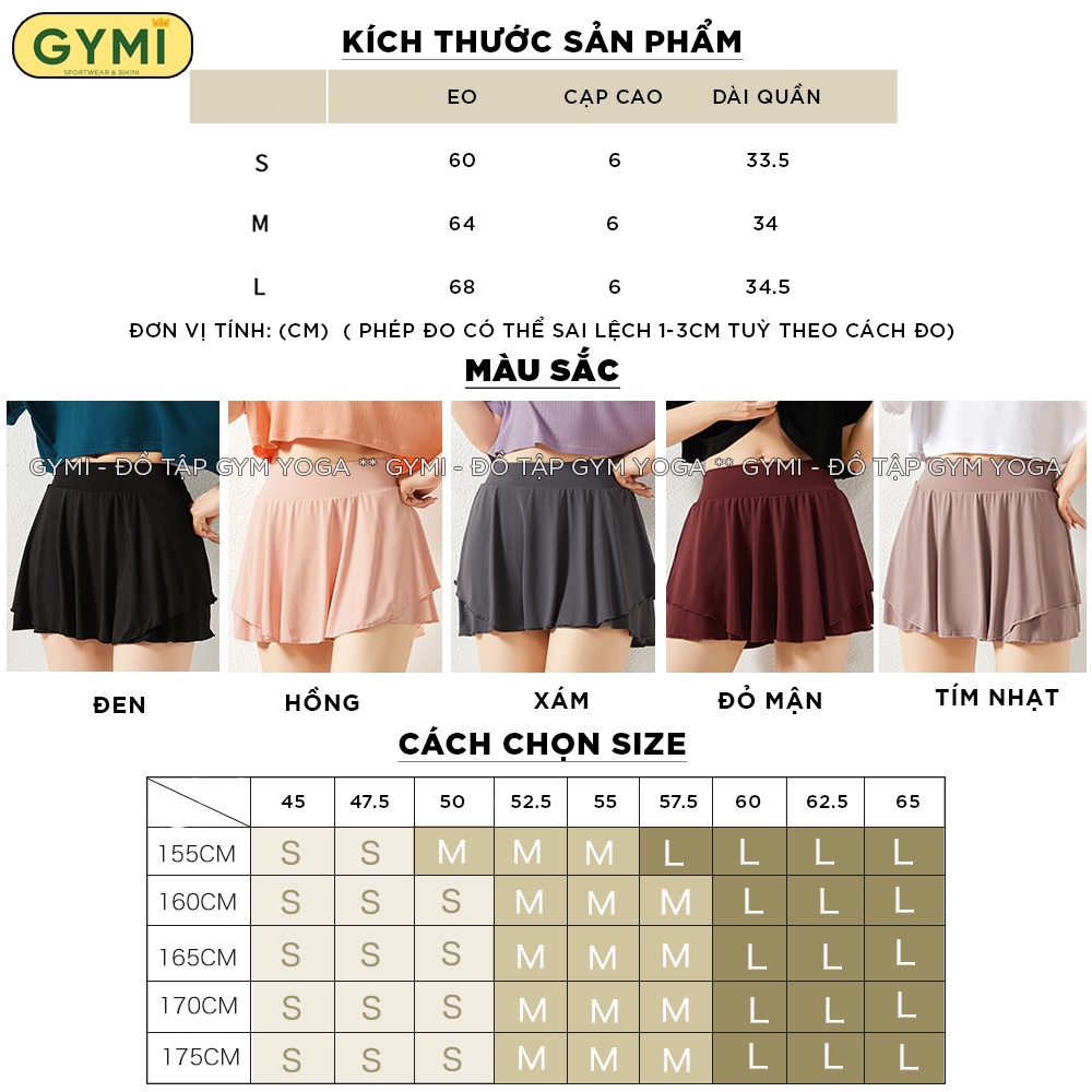 Quần váy tennis tập gym yoga nữ GYMI QS14 chất thun lạnh mền mịn siêu mát kèm quần bảo hộ phong cách thể thao