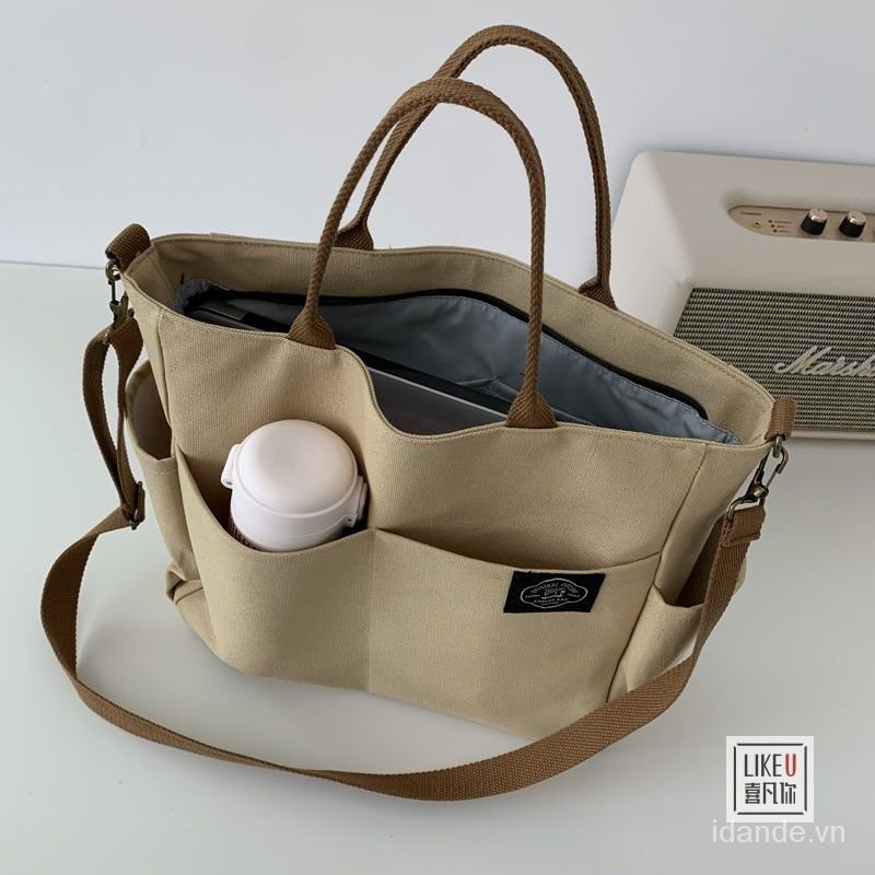 Túi xách tote đeo vai sức chứa lớn bằng vải bạt thời trang Nhật thanh lịch đơn giản cho nam và nữ