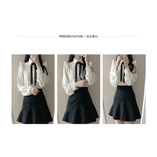 [ ORDER TAOBAO] Áo sơ mi phối ren bèo kèm nơ cổ