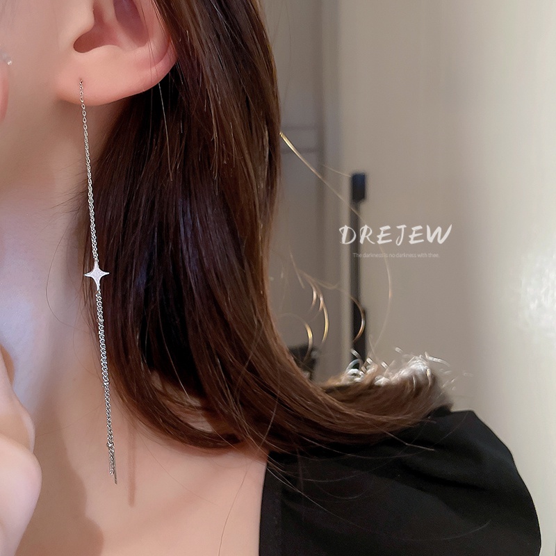 DREJEW Bông Tai Dáng Dài Hình Ngôi Sao Năm Cánh Bằng Bạc Thời Trang