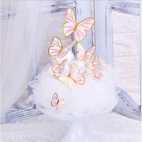Phụ kiện bánh sinh nhật bánh kem - Set 7 que, 10 que cắm hình bướm xanh, hồng