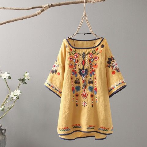 Áo Sơ Mi Cotton Lanh Dáng Rộng Thêu Họa Tiết Thủ Công Kiểu Retro Thời Trang Cho Nữ