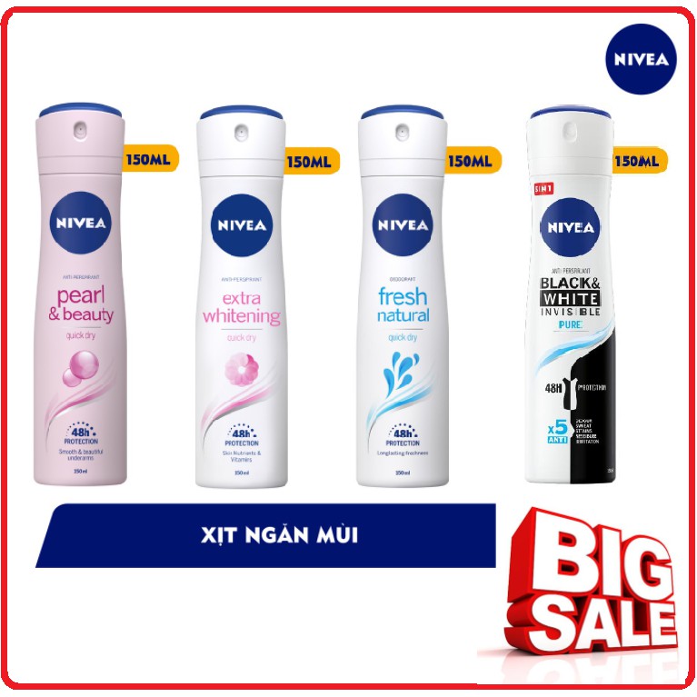 Xịt Ngăn Mùi NIVEA Pearl &amp; Beauty/Extra Whitening/Black &amp; White/Fresh Energy Chai 150ml