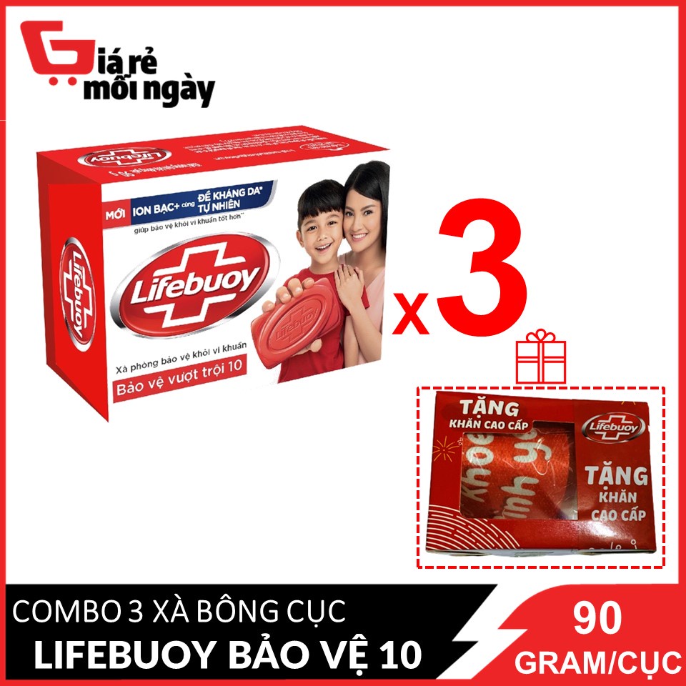 (TẶNG KHĂN CAO CẤP) COMBO 3 Xà Bông Cục Lifebuoy Bảo Vệ Vượt Trội 10 (Đỏ) 90gx3