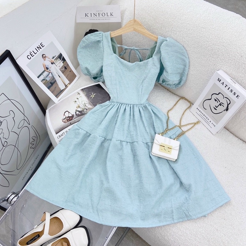 Đầm nữ hotgirl siêu xinh,váy cutout lưng cổ u tay phồng phong cách tiểu thư chanh sả