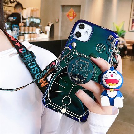 Ốp điện thoại Doraemon có dây đeo và giá đỡ thích hợp cho iPhone 12 Mini 11 Pro XS Max X XR 8 7 6 6s Plus 5 SE