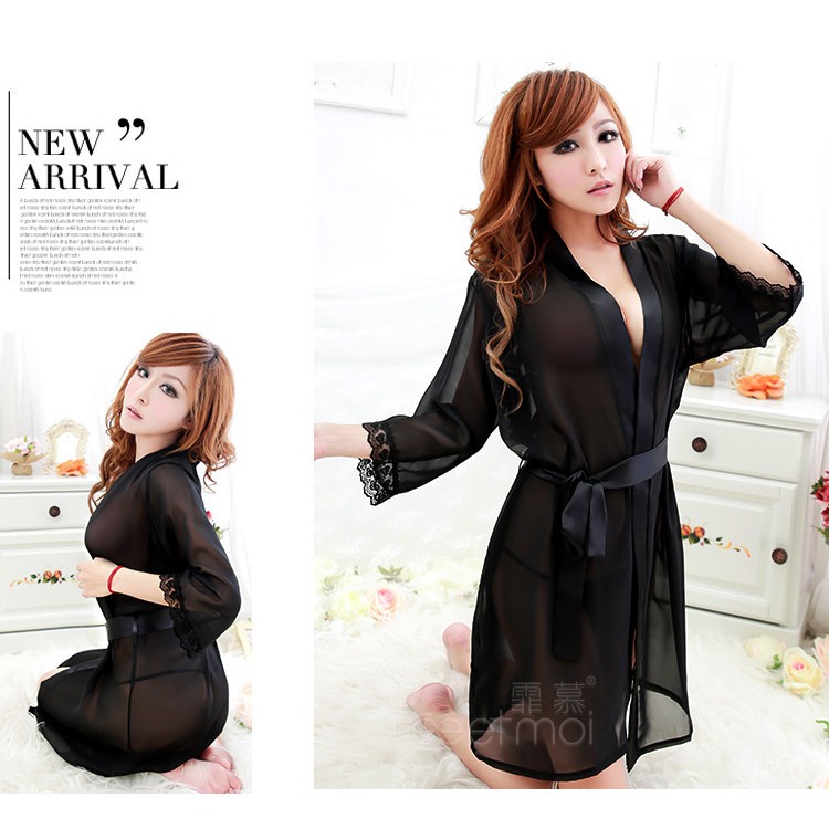 Áo choàng voan mỏng viền hoa kèm chip sexy