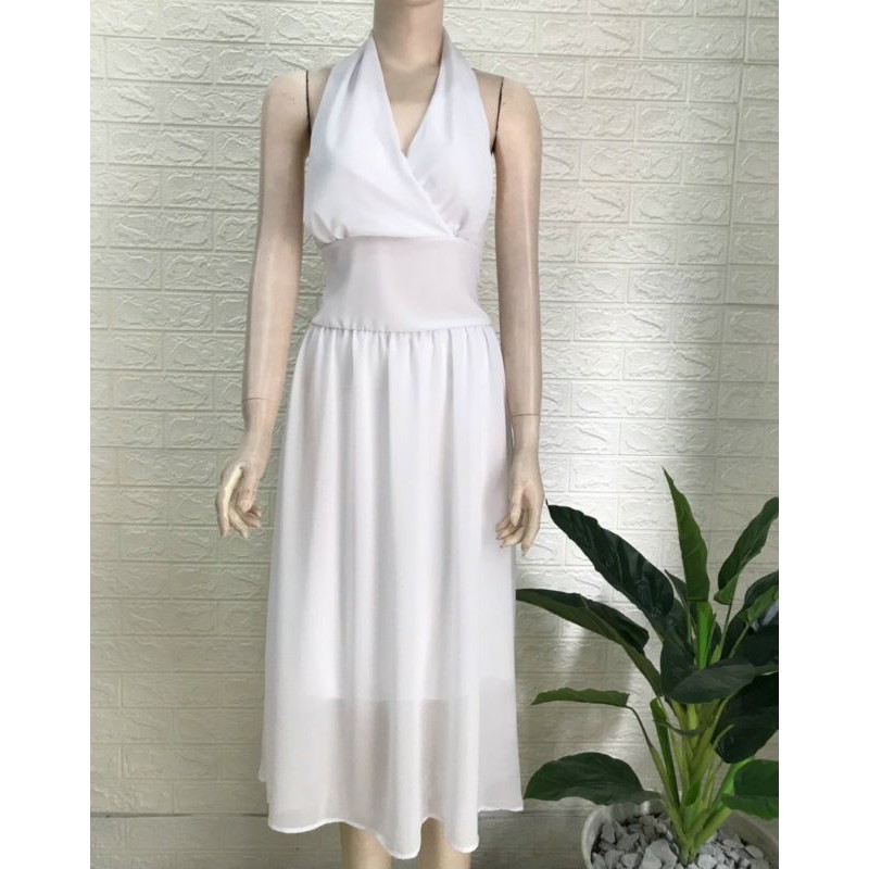 Đầm maxi trắng cổ yếm sang trọng, váy xòe đi biển chiffon - DTH