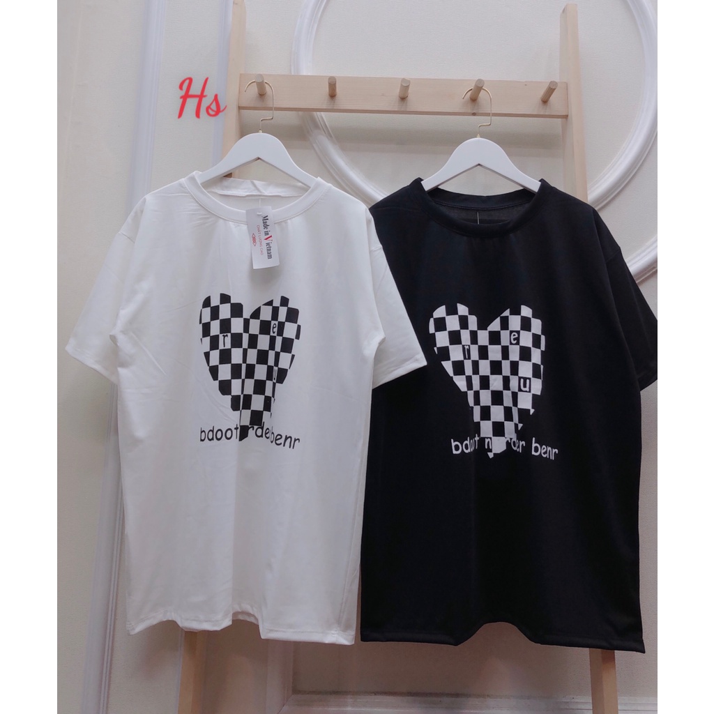Áo Phông Trái Tim Ô Vuông Unisex Áo Thun Nữ Cộc Tay Cổ Tròn Dáng Rộng In Hình 2 Màu