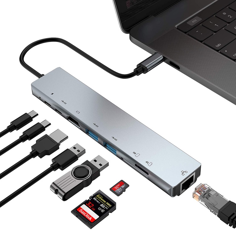 8 trong 1 Type-C để 4K HDMI Extended Base Máy tính xách tay Nub Network Card PD Sạc nhanh USB Type-C Hub Adapter cho MacBook