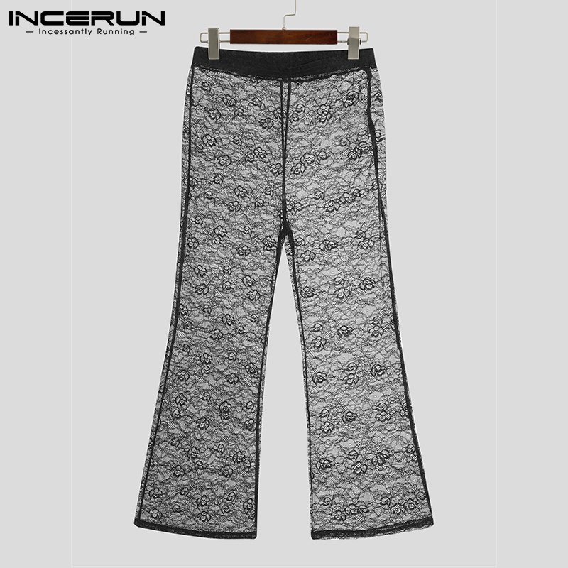 Quần dài INCERUN ống rộng lưng thun phối ren nhìn thấu phong cách gợi cảm cho nam