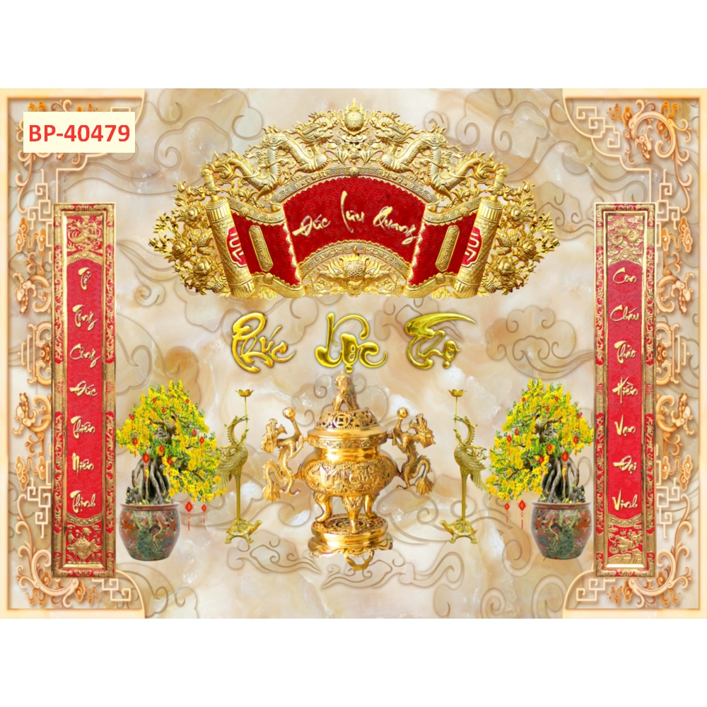 Tranh Thờ Gia Tiên Dán Câu Đối Đỏ Bằng Vải Lụa Kim Tuyến In 3D Lấp Lánh Hình Ảnh Sắc Nét Nhiều Mẫu Mã Đa Dạng
