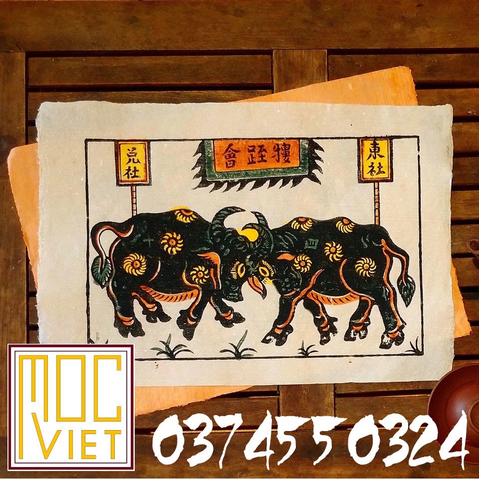 Tranh Đông Hồ Chọi trâu tranh cỡ 27x37cm