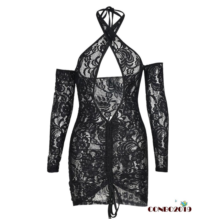 Đầm Ren Một Mảnh Tay Dài Cổ Yếm Có Dây Rút Dành Cho Nữ